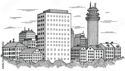 Urban Skyline With Tall Tower And Dense City Blocks In Black And White Illustration
