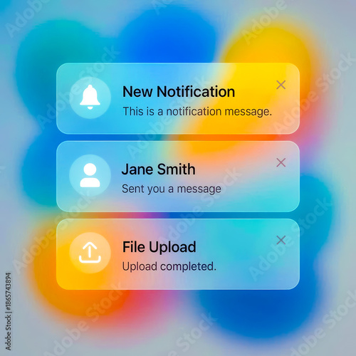 Glassmorphism UI Notification Cards on Soft Blur Background