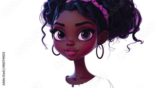 Animated African American Girl with Hoop Earrings and Headband.