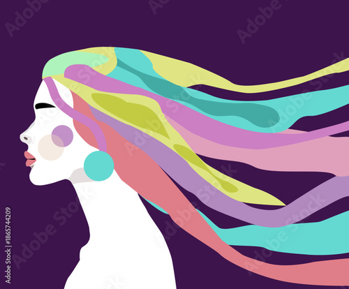 Modern vector illustration of a beautiful woman with long flowing colorful hair in abstract pop art style.