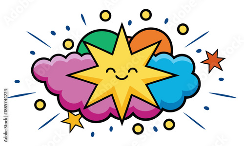 Joyful starburst with colorful clouds and sparkles