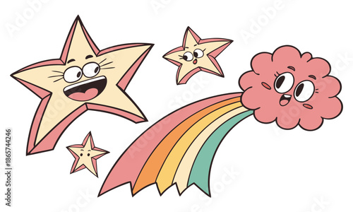 Happy cartoon stars and a rainbow cloud