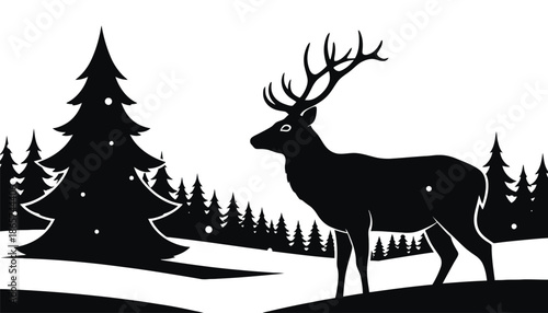 A majestic deer stands in a snowy forest with a Christmas tree silhouette