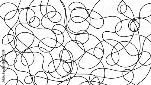 Abstract black squiggles doodle pattern on white background hand drawn curly lines swirls chaotic scribble seamless texture minimalist overlay