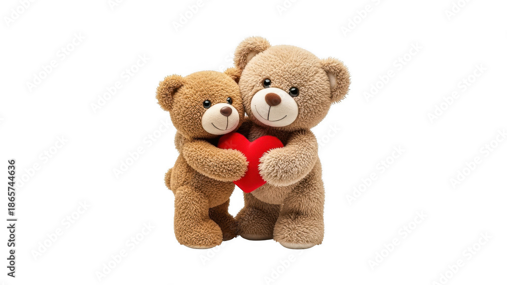 Obraz premium Two brown teddy bears hugging a red heart together sweetly isolated on transparent background