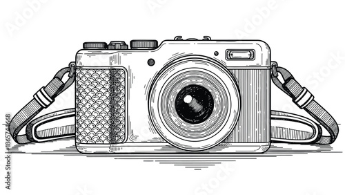 Vintage Camera Illustration With Strap and Lens, Black And White Sketch For Photography