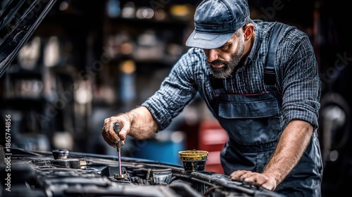 A mechanic, wearing a cap & overalls, works on a car engine under a raised hood