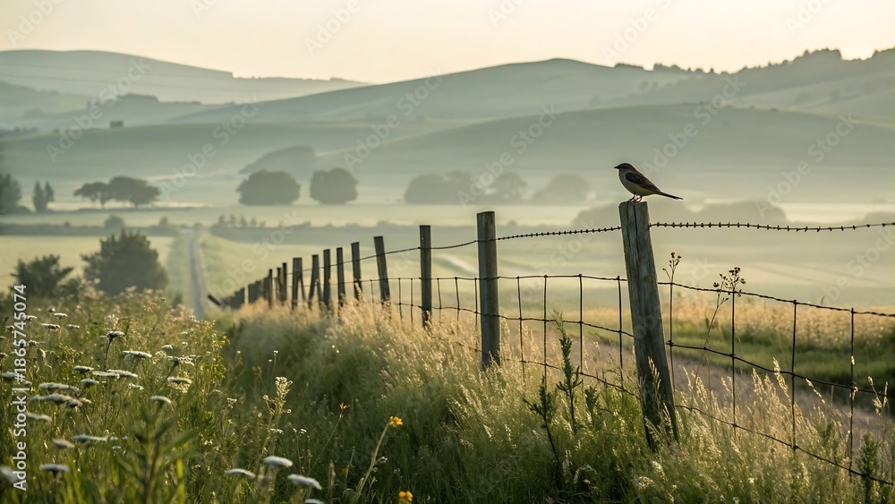 Obraz premium Small bird perched on rustic wooden fence post overlooking misty countryside hills