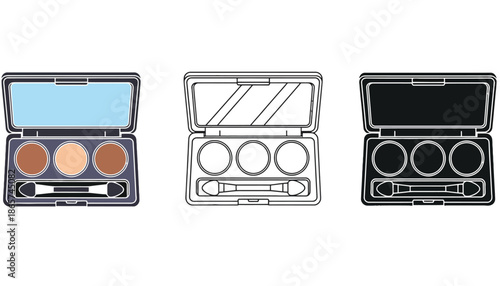 Three different views of a makeup palette with various shades silhouette