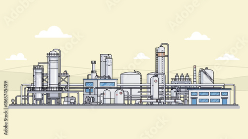 Industrial Silhouette: A detailed depiction of an industrial complex, showcasing the intricate network of pipes, tanks, and structures against a clear sky, symbolizing the industry
