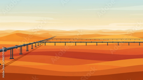 Pipeline Across Desert Landscape: An industrial pipeline stretches across a vast and desolate desert landscape, against a clear sky, symbolizing resources and industry.