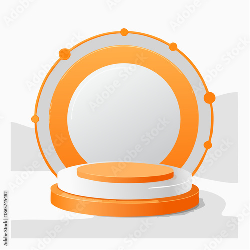 Realistic orange, white 3D cylinder pedestal podium with geometric forms and emboss circle ring scene background. 