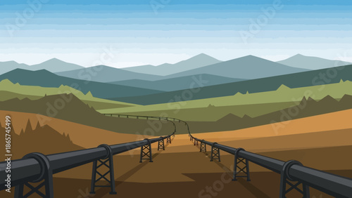 Pipeline Through The Hills: A long pipeline winds its way through a rolling landscape of colorful hills, under a blue sky, illustrating the flow of industry through nature.