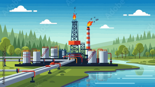 Oil Refinery in the Green Landscape: An oil refinery, with its towering structures, pipelines, and smokestacks, stands amidst a verdant landscape, symbolizing industry’s impact on nature.