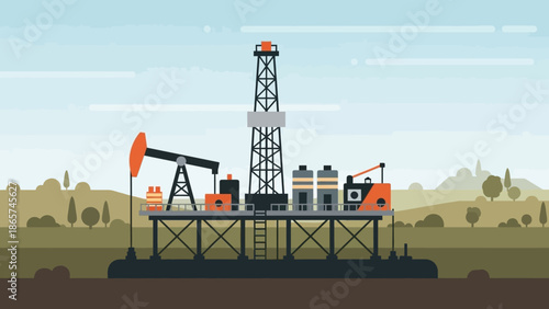 Energy Extraction: A depiction of the energy extraction industry. With oil rig and pump jack operating. The scene showcases industrial landscape and the processes involved in resource production.