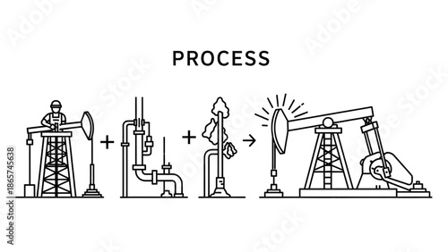 Process of Petroleum Extraction: An illustrative depiction of the petroleum extraction process, showcasing each step from initial extraction to final production. A conceptual visual