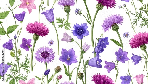 Floral Pattern with Purple and Pink Flowers on White Background.