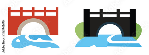Arch bridge icons over flowing blue water for transportation engineering landscape design and urban infrastructure