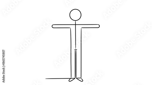 Basic stick figure man standing still with arms outstretched horizontally, a simple neutral pose in a bright studio