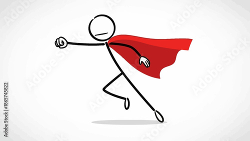 Heroic stick figure man running with a red superhero cape, symbolizing power and speed in a bright studio