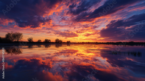 Swamp landscape at sunset, dramatic sky with vibrant orange and purple hues, mirror reflection in still water