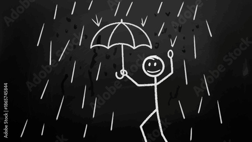 Happy stick figure man standing in the rain with an umbrella, smiling and protected on a chalkboard background