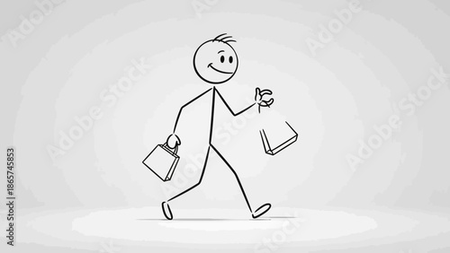 Busy stick figure man walking with a briefcase, representing work and business in a bright studio
