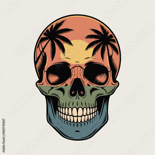 Colorful Skull with Palm Tree Sunset Artwork.