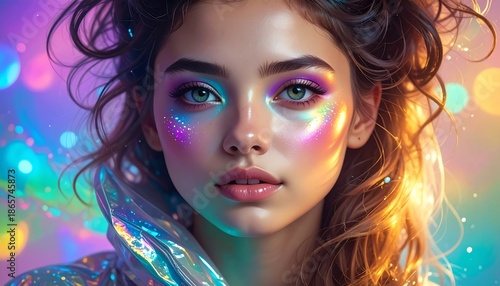 Radiant beauty with iridescent makeup and ethereal glow.