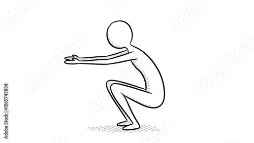 Stick figure man performing a squat exercise, demonstrating fitness and strength in a bright studio