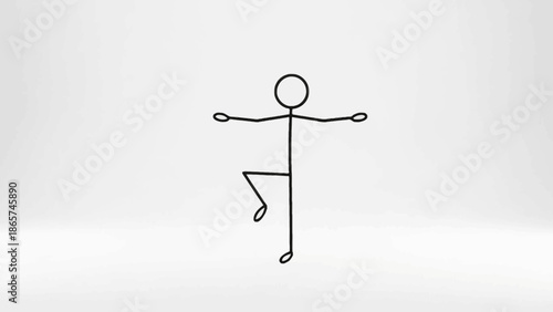 Energetic stick figure man standing in a dynamic, active pose with outstretched arms and legs in a bright studio