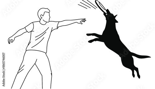 A man throwing a frisbee to his jumping dog in silhouette mode
