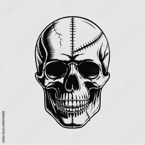 Detailed skull illustration with bold shading.