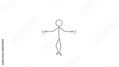 Energetic stick figure man standing with arms outstretched and wiggling, indicating movement or dancing, on an isolated white background.
