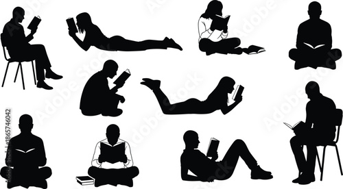 Silhouettes of people reading books in diverse relaxed positions, highlighting leisure, education, lifestyle, knowledge, and personal intellectual engagement