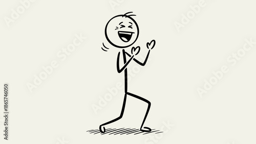 Happy stick figure man laughing joyfully and gesturing enthusiastically on a light studio background.