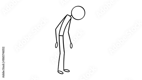 Exhausted stick figure character bending over, looking tired, sad, or depressed on an isolated white background.