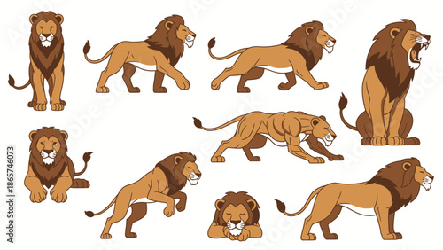 Cartoon Lion Character Sheet Collection with Various Poses like Roaring Walking Jumping and Sleeping in a Flat Vector Illustration Style on a White Background