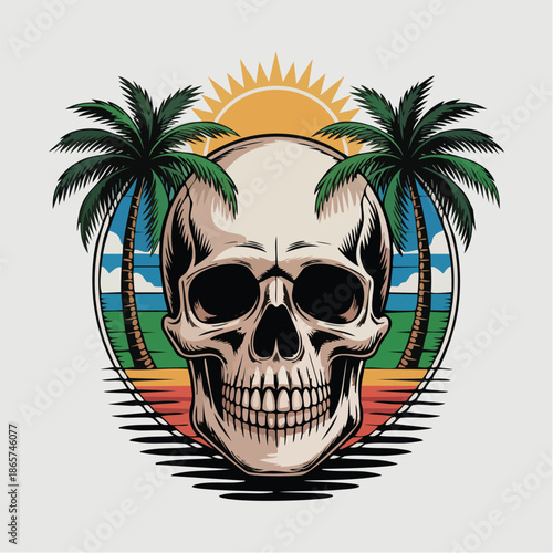 Front Skull Portrait with Palm Trees and Sunset.