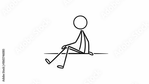 Relaxed stick figure character sitting and leaning back, taking a rest or feeling tired on an isolated white background.