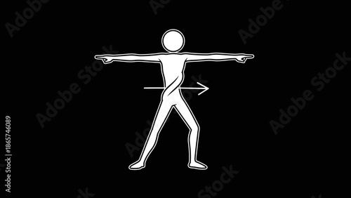 Dynamic stick figure silhouette demonstrating an exercise with arms outstretched and wide stance, indicating movement on an isolated black background.