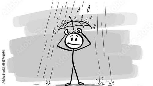 Happy stick figure character standing in the rain, holding an umbrella for protection on a grey rainy background.