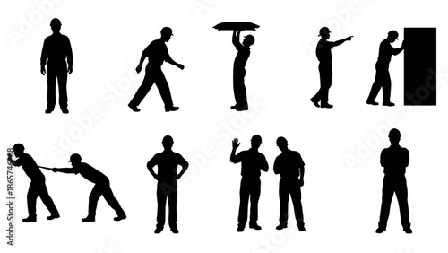 Collection of black construction worker silhouettes in various action poses like lifting, pulling, and pointing, isolated on white for industrial graphic design.