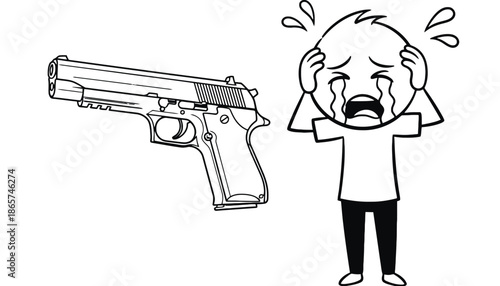 A cartoon man crying and covering his head in fear of a gun