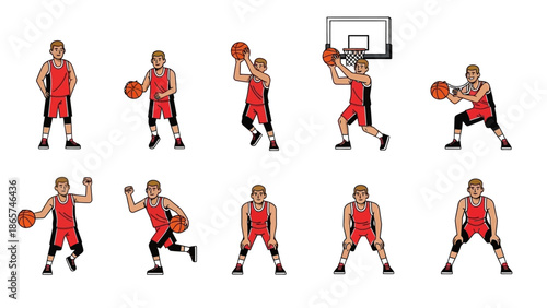 Basketball Player Character Animation Sheet with Multiple Poses Showing Dribbling Shooting Defending and Jumping in Red Uniform for Sports Motion Graphic Assets.