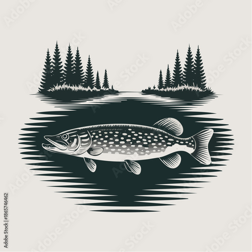 Illustration of a single fish swimming in water.