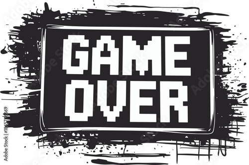 Game over pixel art text on black paint splash background for retro gaming and esports vector