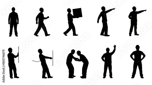 Comprehensive set of black silhouettes featuring professional construction workers and industrial laborers engaged in diverse tasks and poses on a white background.