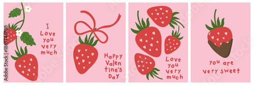 Happy Valentine's day greeting card with cute red strawberry and bow. Red and sweet berry for love holidays season banner and background. -Vector