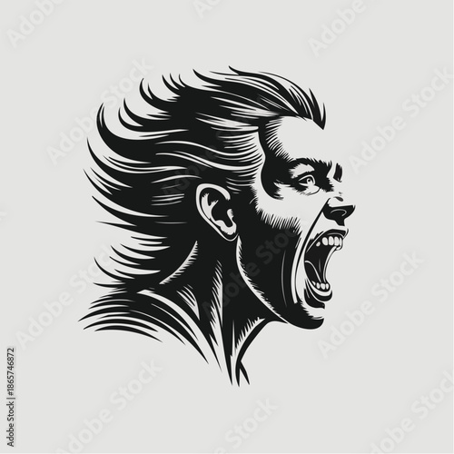 Screaming Profile of a Wild Haired Man.